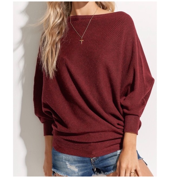 Wine Slouchy Off The Shoulder Knit Oversized Top - Picture 3 of 3